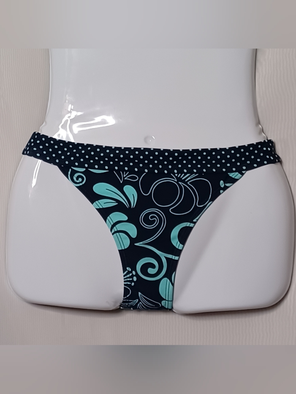 Esprit Navy & Teal Floral Polka-Waist Bikini Bottom Swimwear. Size XS
